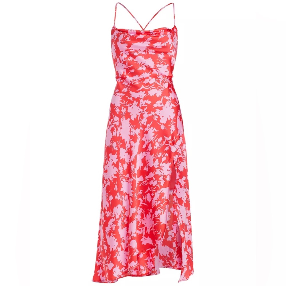 ASTR the Label Gaia Printed Satin Bustier MidiDress
Red Pink Floral, Small NWT